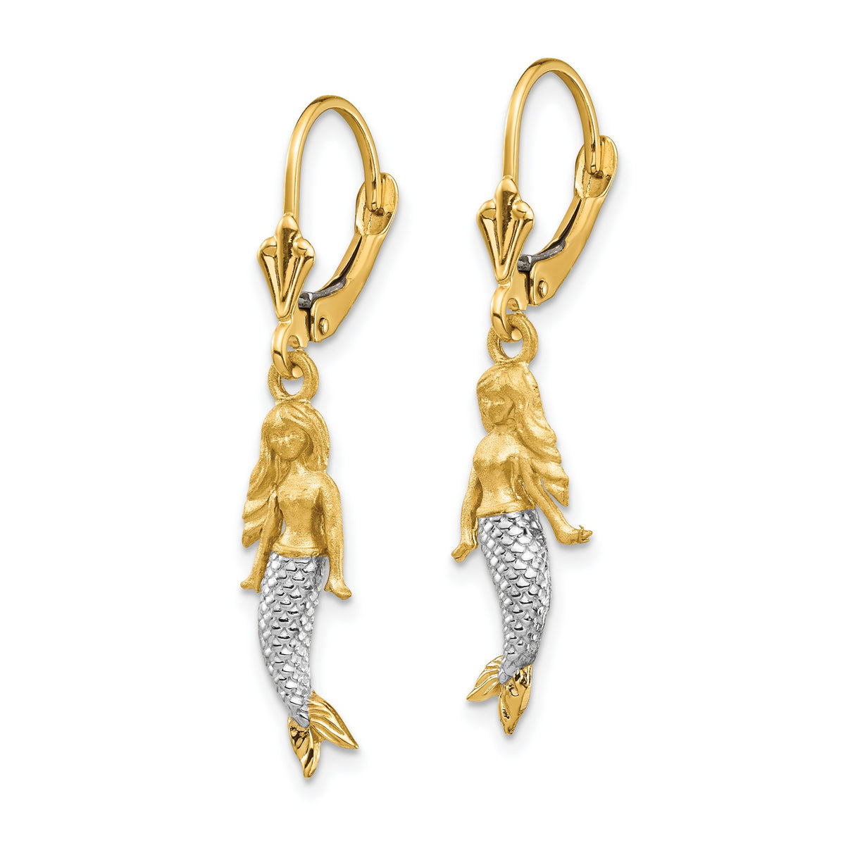 14k Yellow Gold Dangle Earrings with Detailed Mermaid Charms and Textured Rhodium Tails