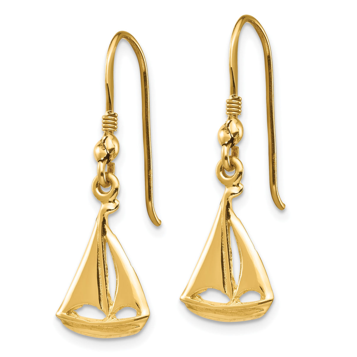 14k Yellow Gold Dangle Earrings with Sailboat Charm, Nautical Coastal Jewelry for Women
