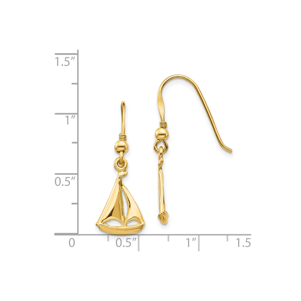 14k Yellow Gold Dangle Earrings with Sailboat Charm, Nautical Coastal Jewelry for Women