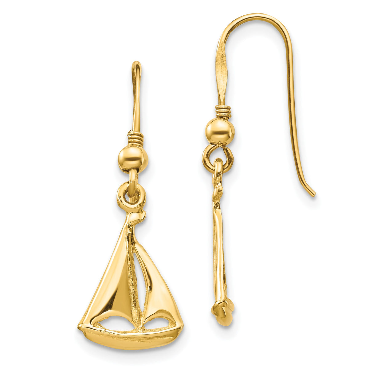 14k Yellow Gold Dangle Earrings with Sailboat Charm, Nautical Coastal Jewelry for Women