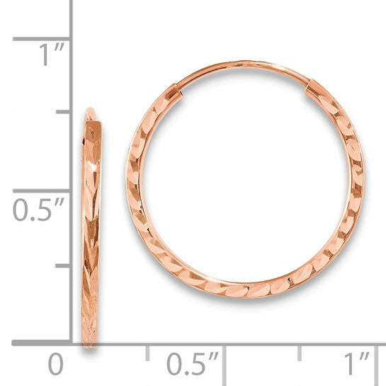 14k Rose Gold Hoop Earrings, Diamond Cut Textured Finish, Lightweight Polished Style