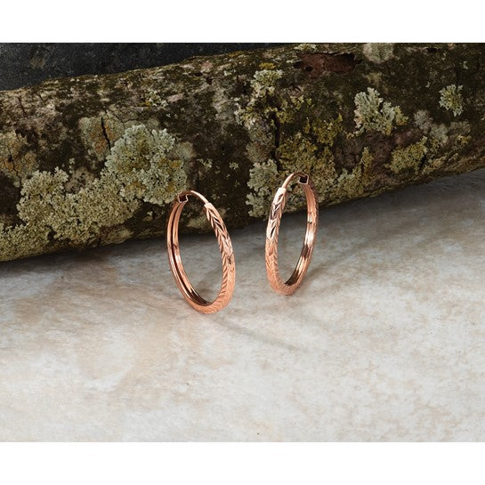 14k Rose Gold Hoop Earrings, Diamond Cut Textured Finish, Lightweight Polished Style