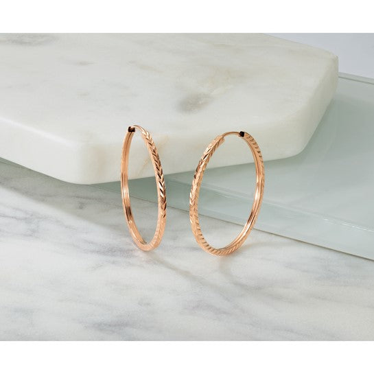 14k Rose Gold Hoop Earrings with Hammered Texture Finish, Lightweight Modern Design