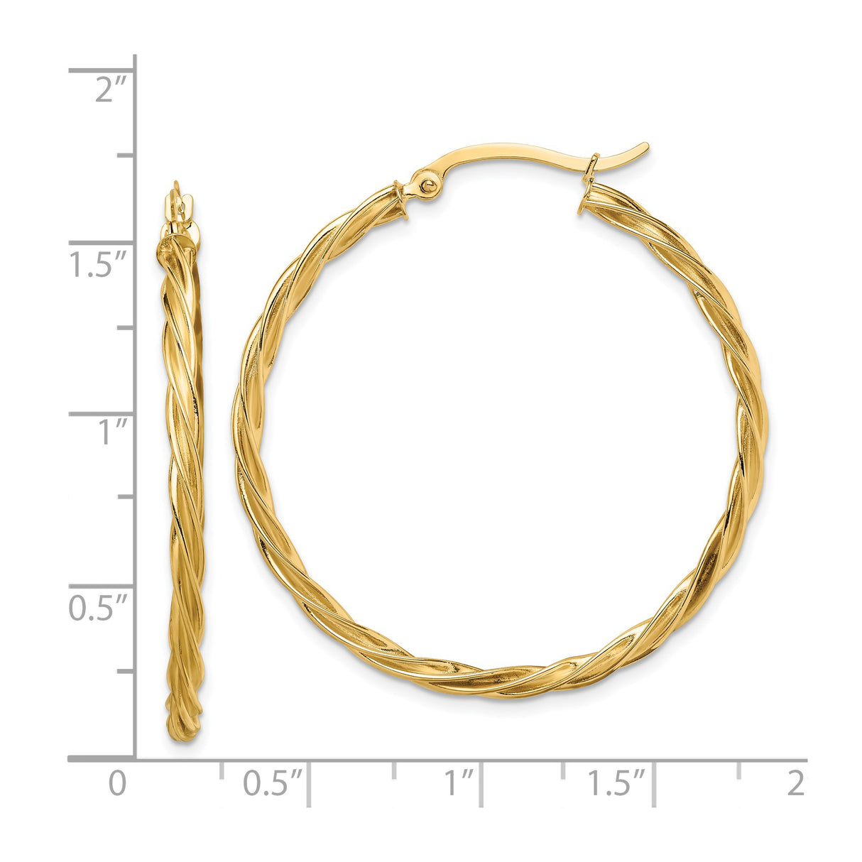 14k Yellow Gold Hoop Earrings, Twisted Rope Design, Lightweight Polished Style for Women