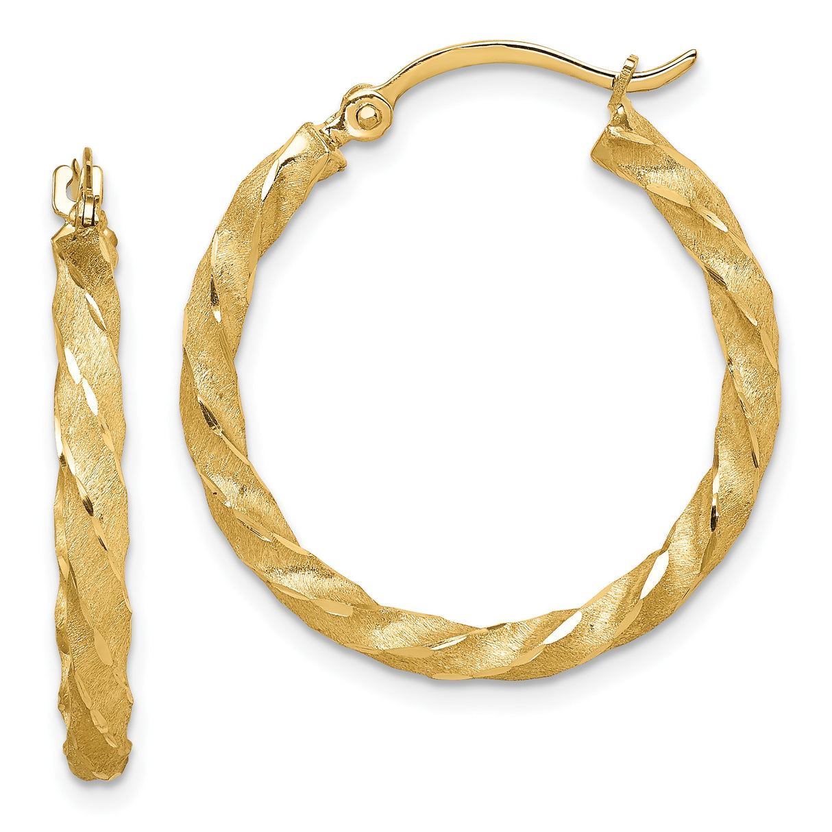 14k Yellow Gold Twisted Hoop Earrings, Textured and Polished Classic Lightweight Hoops