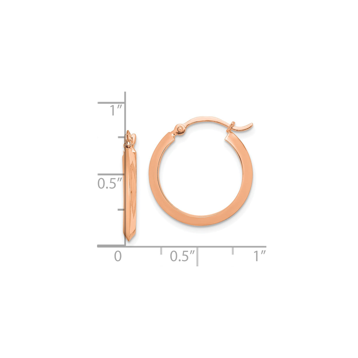 14k Rose Gold Hoop Earrings, Flat Edge Minimalist Polished Design for Women