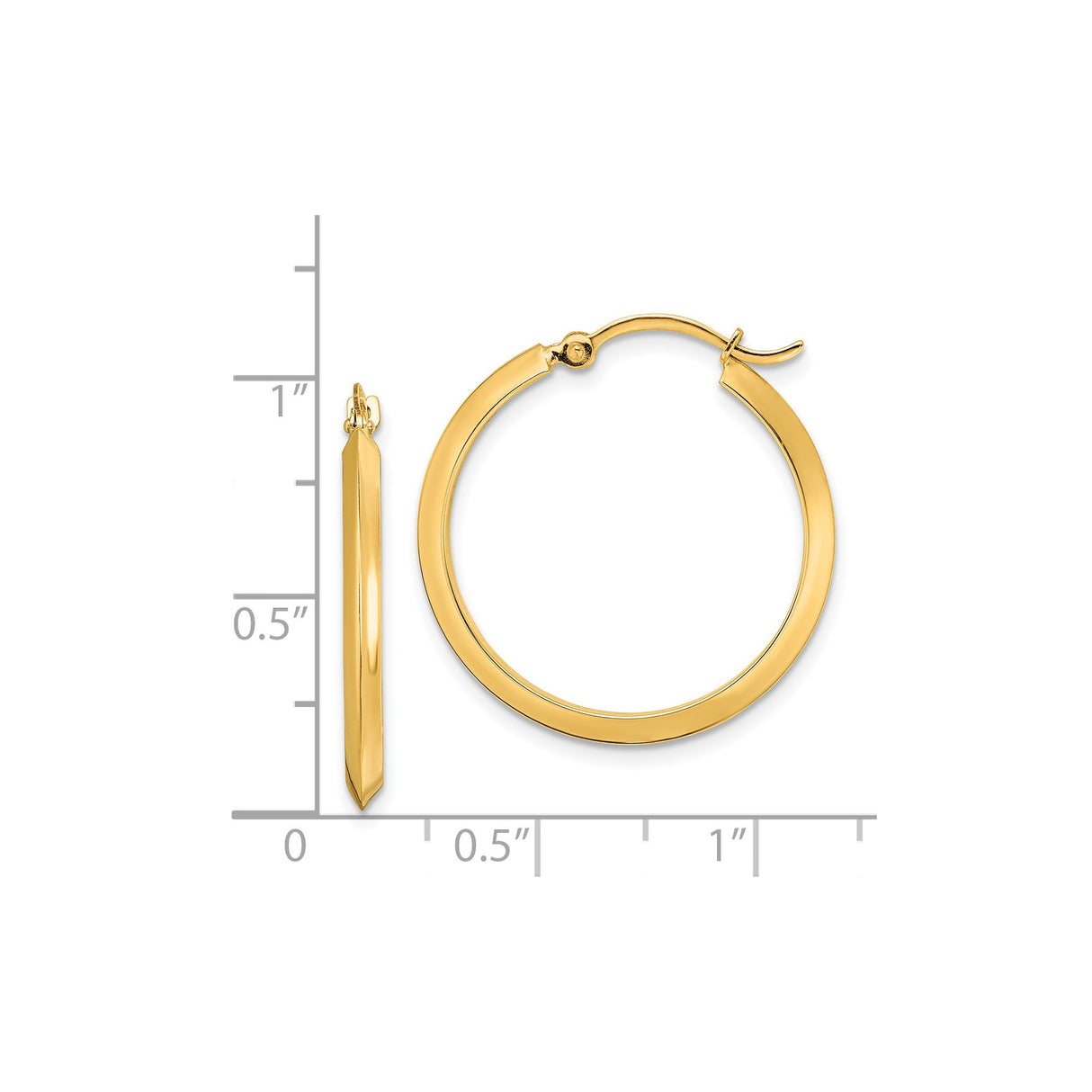 14k Yellow Gold Hoop Earrings, Sleek Flat Edge with Polished Finish, Lightweight Minimalist Style