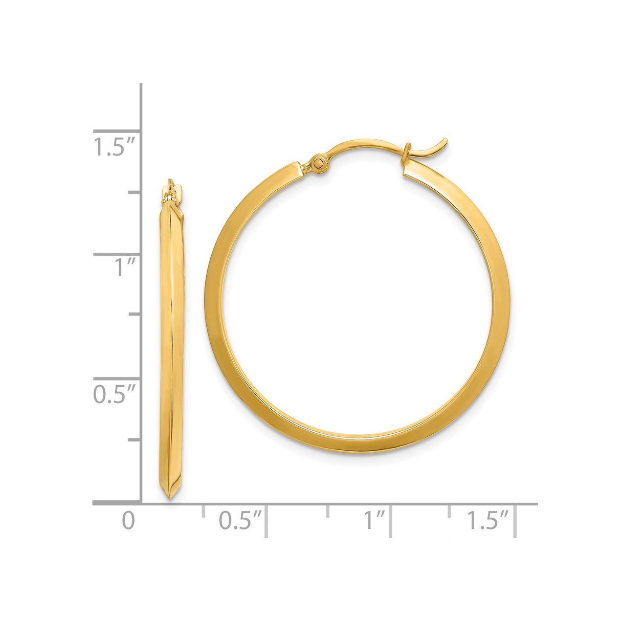 14k Yellow Gold Hoop Earrings, Sleek Flat Edge, Polished Minimalist Style for Women