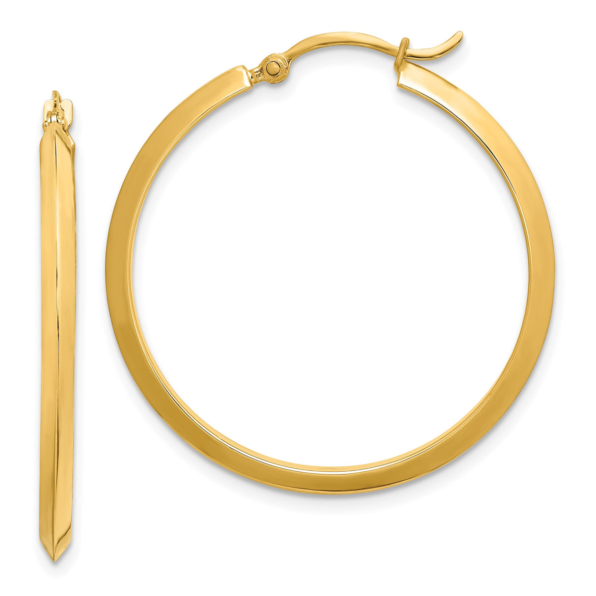 14k Yellow Gold Hoop Earrings, Sleek Flat Edge, Polished Minimalist Style for Women