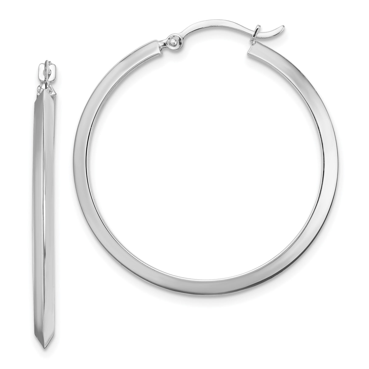 14k White Gold Hoop Earrings, Flat Edge Round Medium Size, Minimalist Polished Style