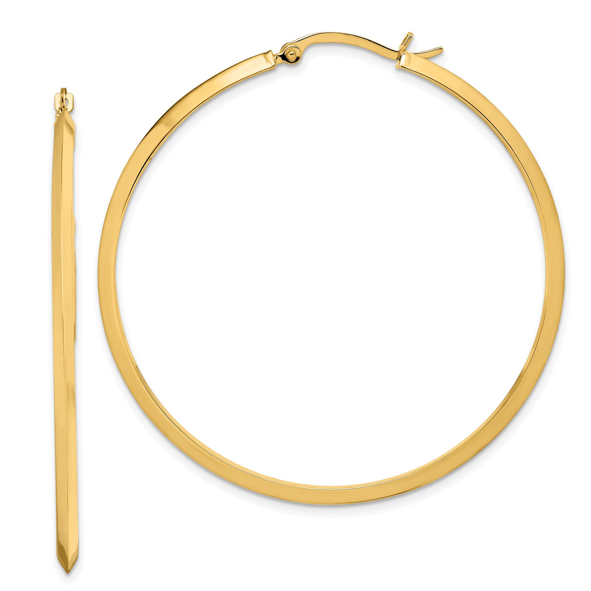 14k Yellow Gold Hoop Earrings with Flat Edge Design, Hinged Closure, Minimalist Style