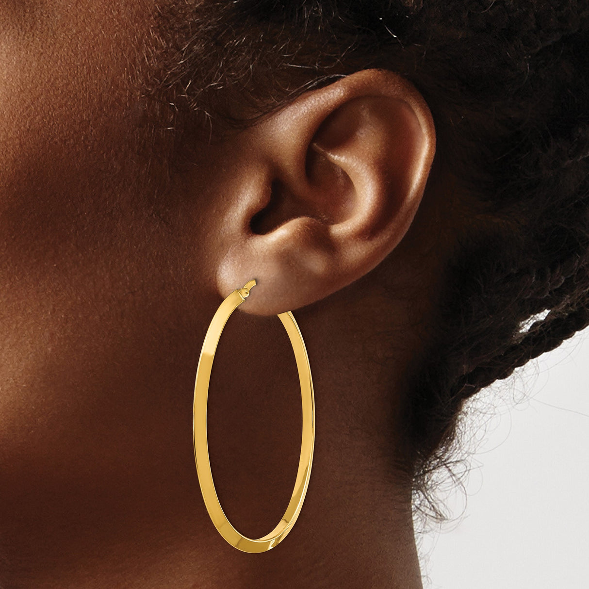 14k Yellow Gold Oval Hoop Earrings with Tapered Angled Edge Design, Lightweight Polished Finish