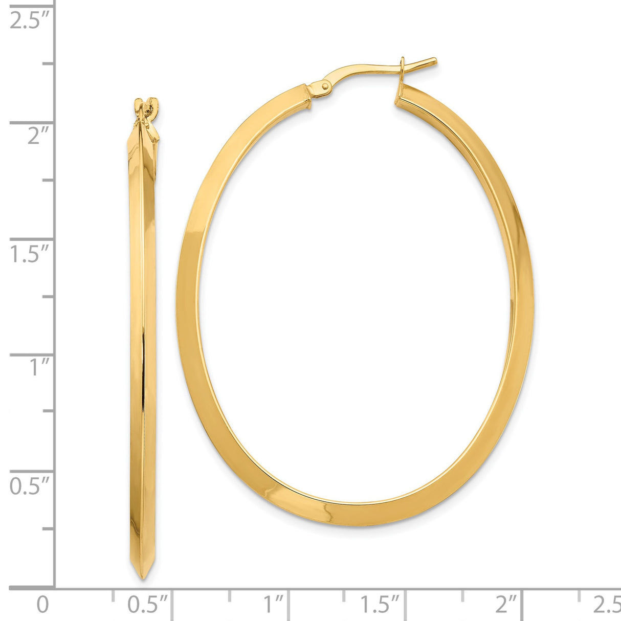 14k Yellow Gold Oval Hoop Earrings with Tapered Angled Edge Design, Lightweight Polished Finish