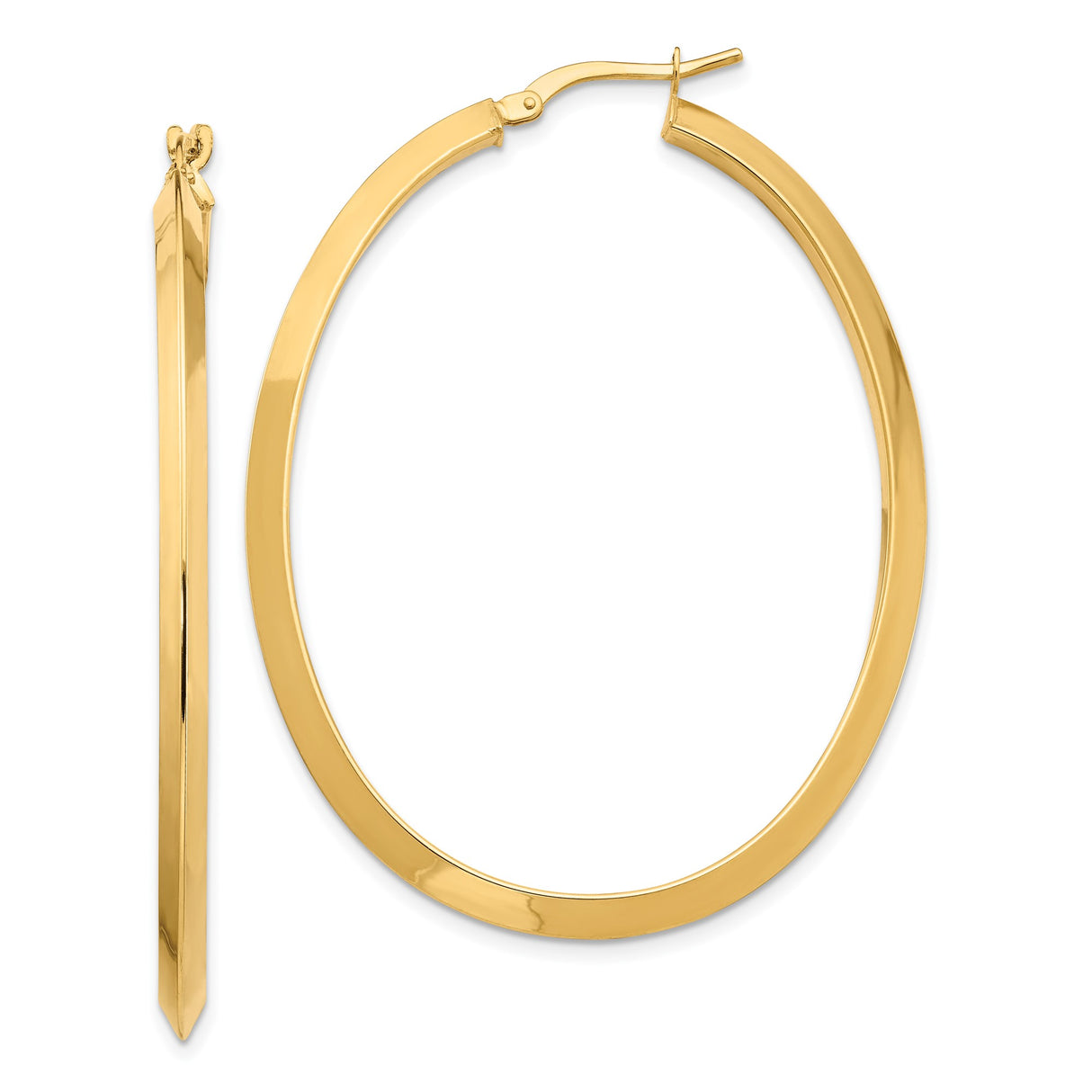 14k Yellow Gold Oval Hoop Earrings with Tapered Angled Edge Design, Lightweight Polished Finish
