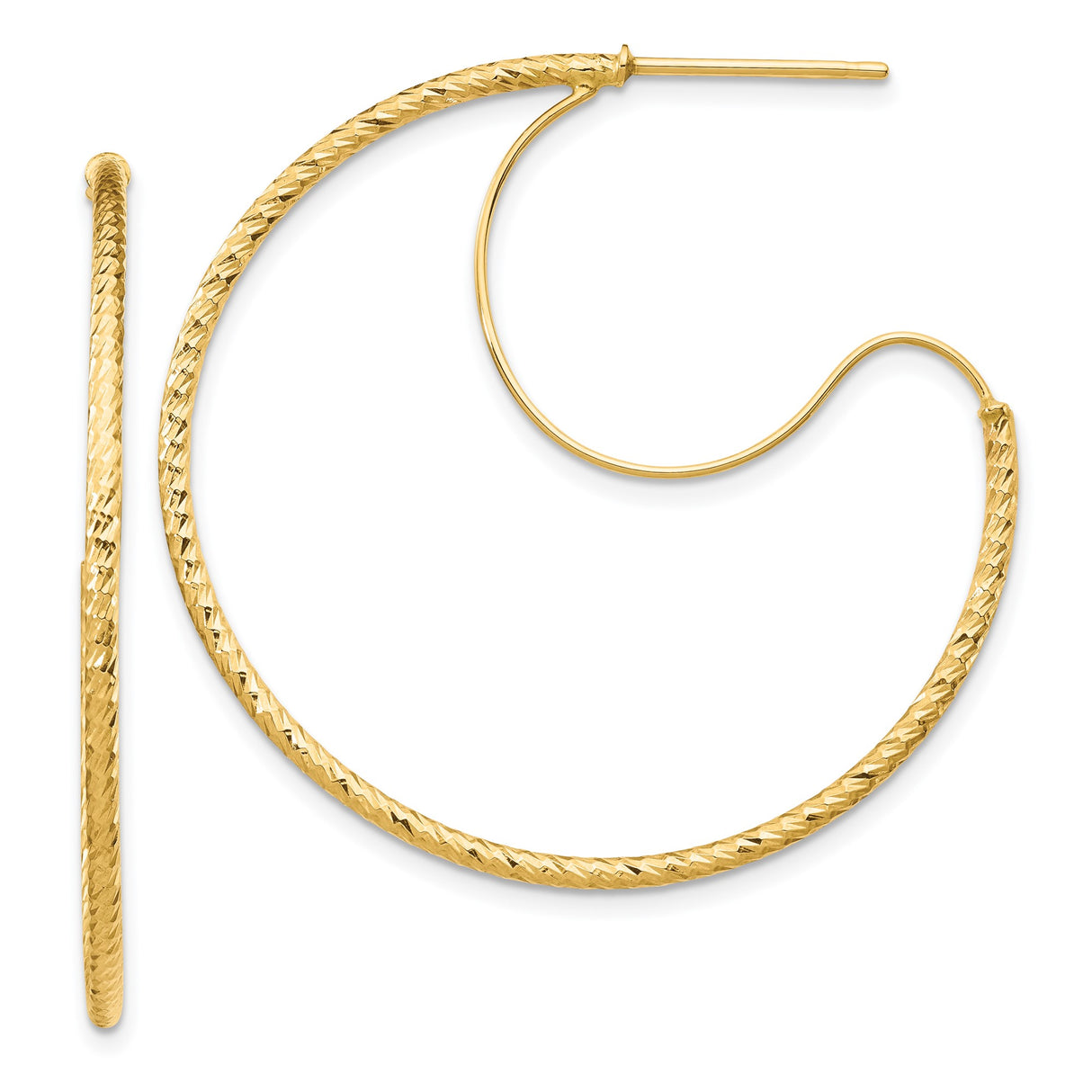 14k Yellow Gold Hoop Earrings, Textured Diamond Cut with Polished Finish