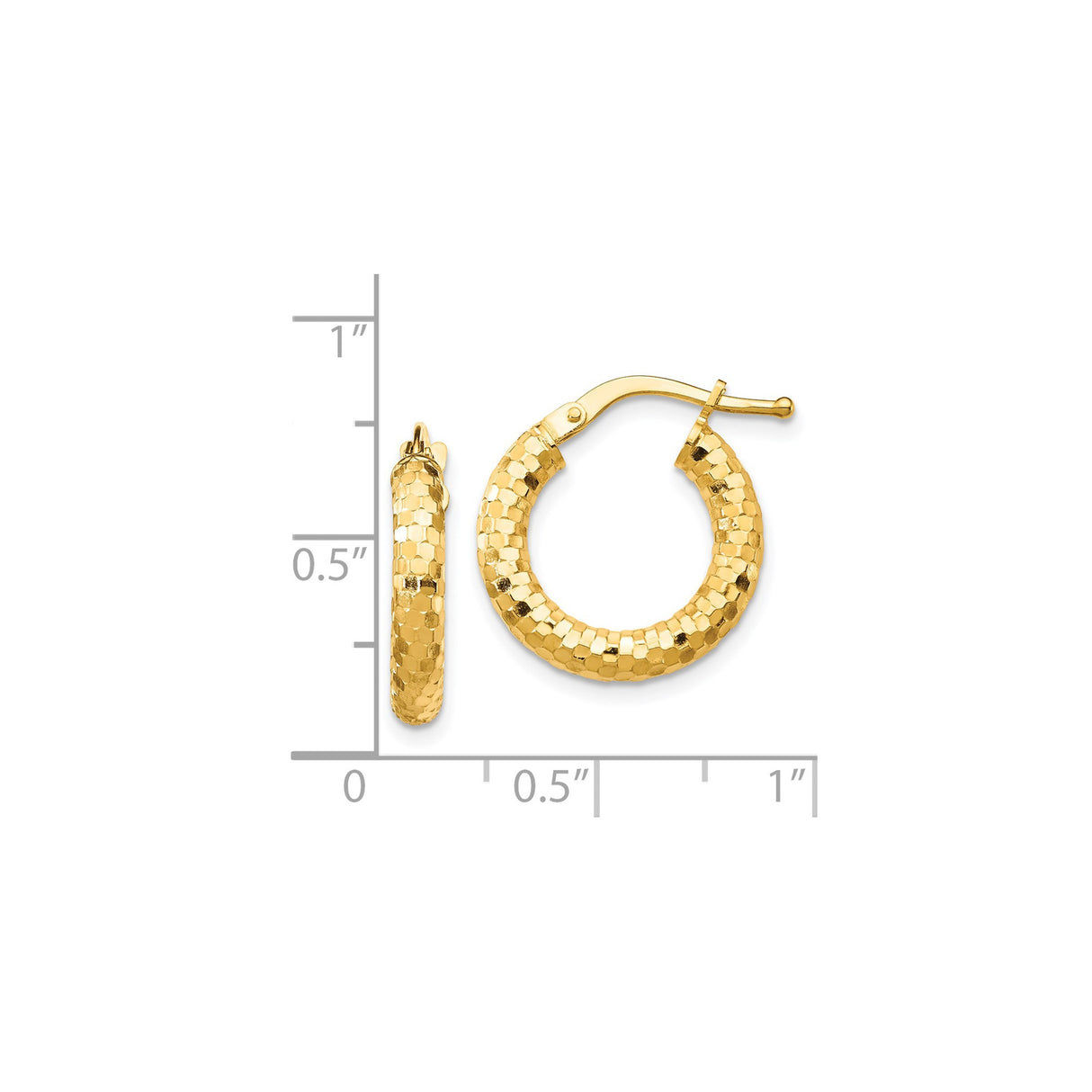 14k Yellow Gold Hoop Earrings, Textured Faceted Hoops with Honeycomb Pattern for Women