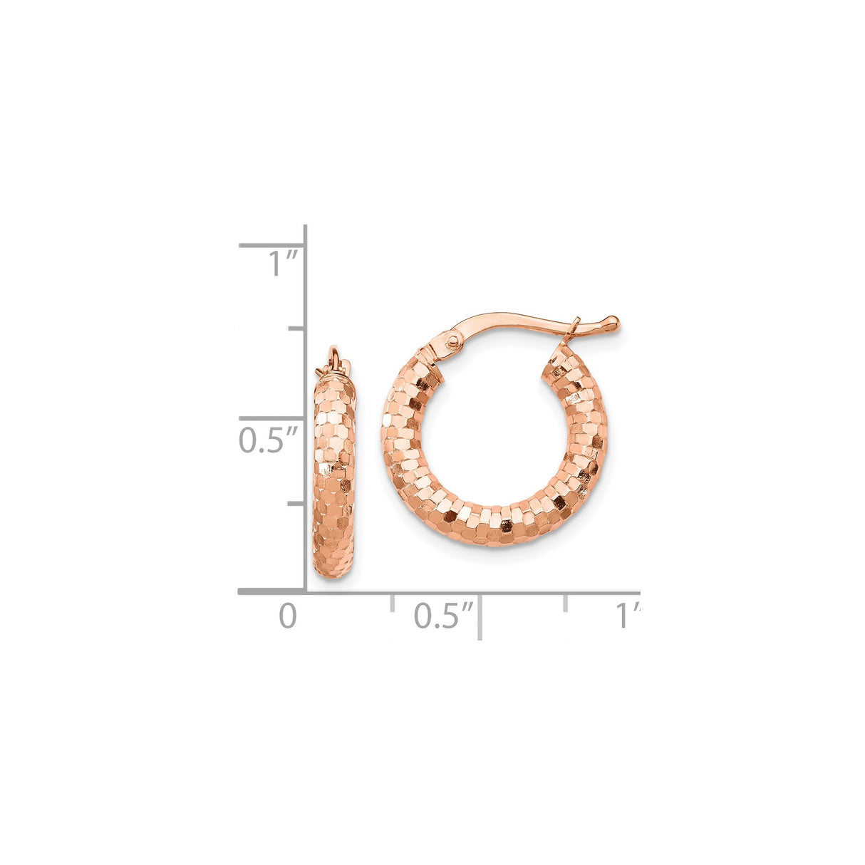 14k Rose Gold Hoop Earrings with Diamond Cut Honeycomb Pattern, Medium Size Polished Finish