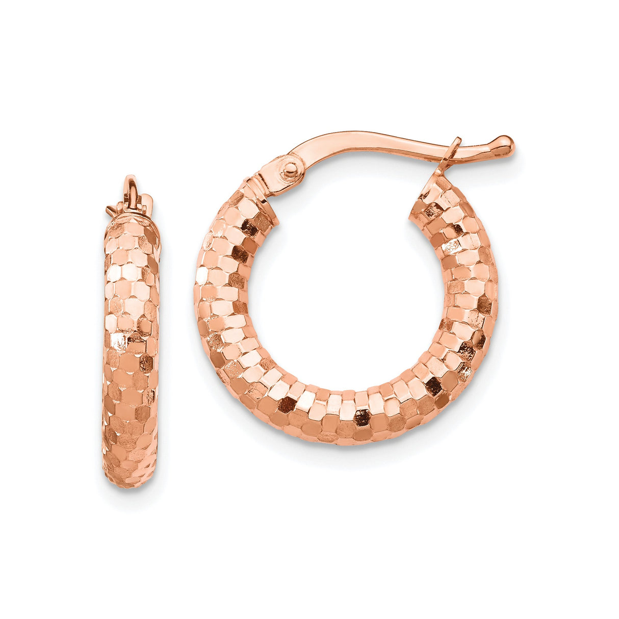 14k Rose Gold Hoop Earrings with Diamond Cut Honeycomb Pattern, Medium Size Polished Finish
