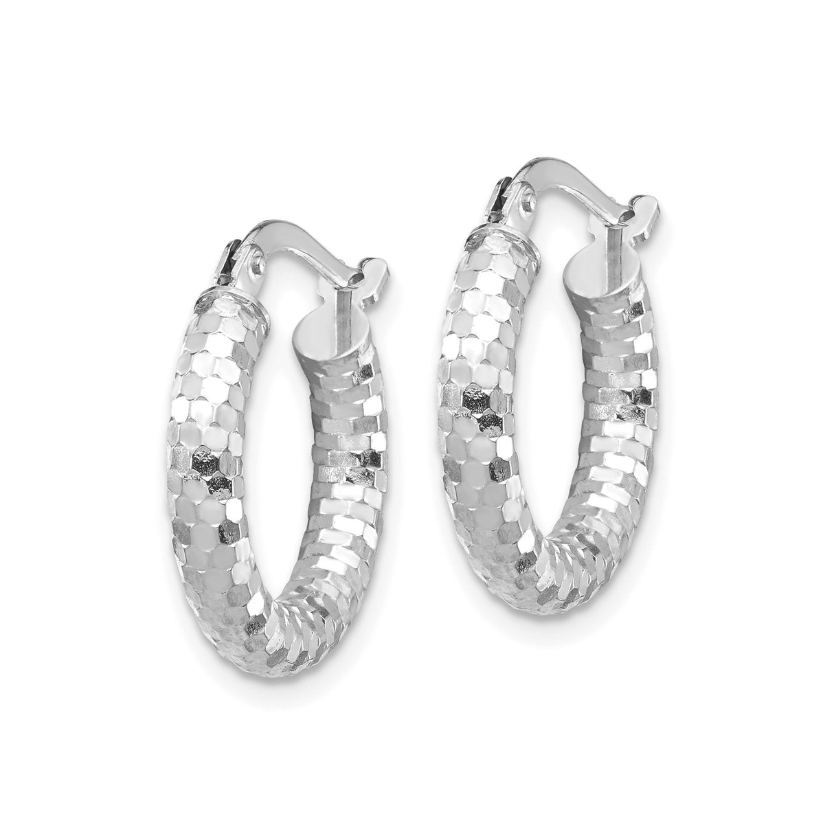 14k White Gold Hoop Earrings, Textured Diamond-Cut Sparkle Finish, Lightweight Medium Size Hoops