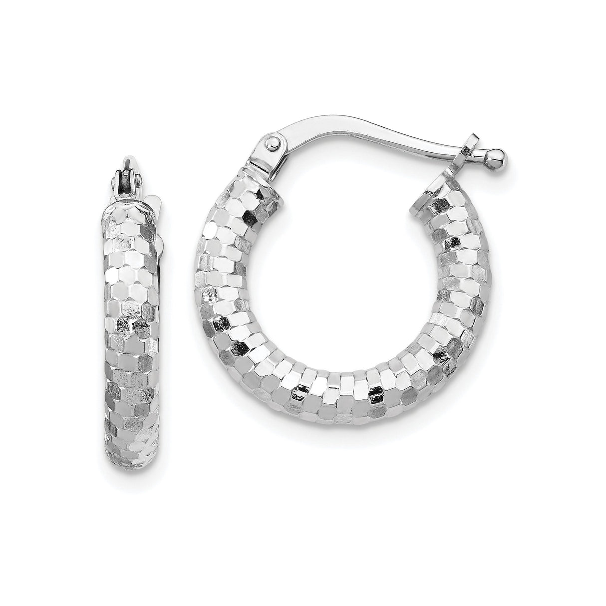 14k White Gold Hoop Earrings, Textured Diamond-Cut Sparkle Finish, Lightweight Medium Size Hoops