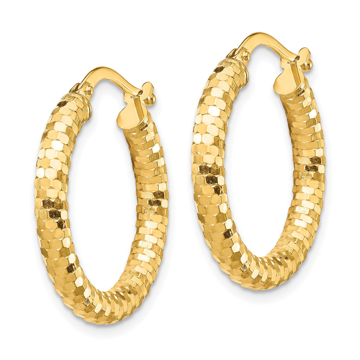 14k Yellow Gold Hoop Earrings, Diamond Cut Textured Hexagon Design, Lightweight and Polished Shine