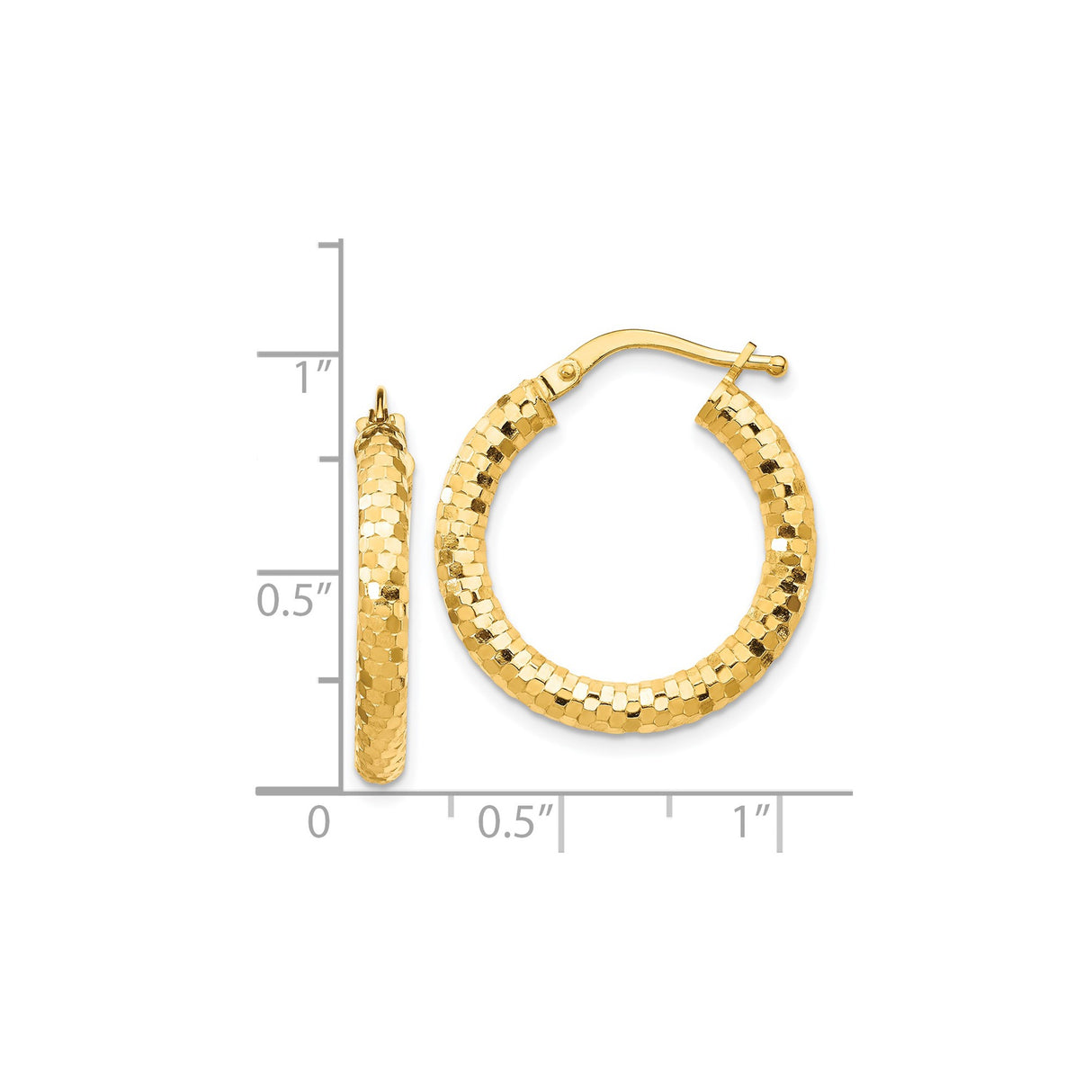 14k Yellow Gold Hoop Earrings, Diamond Cut Textured Hexagon Design, Lightweight and Polished Shine