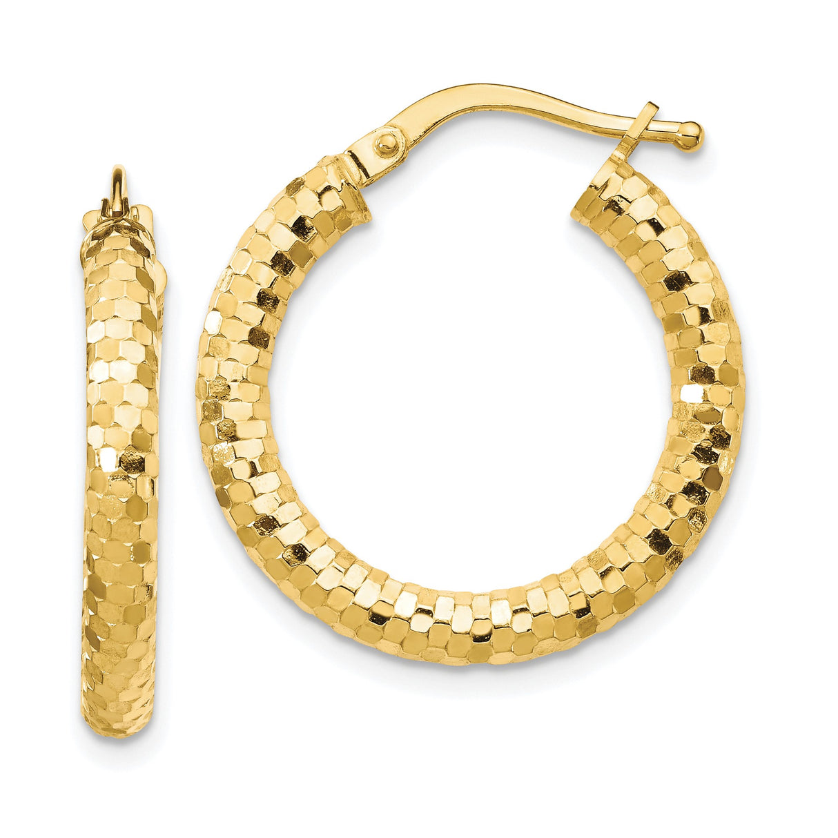 14k Yellow Gold Hoop Earrings, Diamond Cut Textured Hexagon Design, Lightweight and Polished Shine
