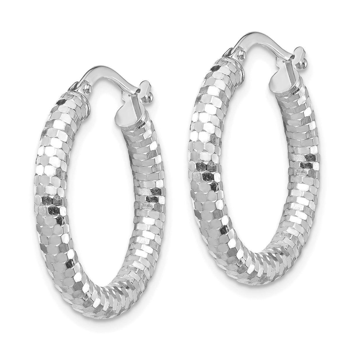 14k White Gold Hoop Earrings, Faceted Hexagon Textured Design, Lightweight Contemporary Style