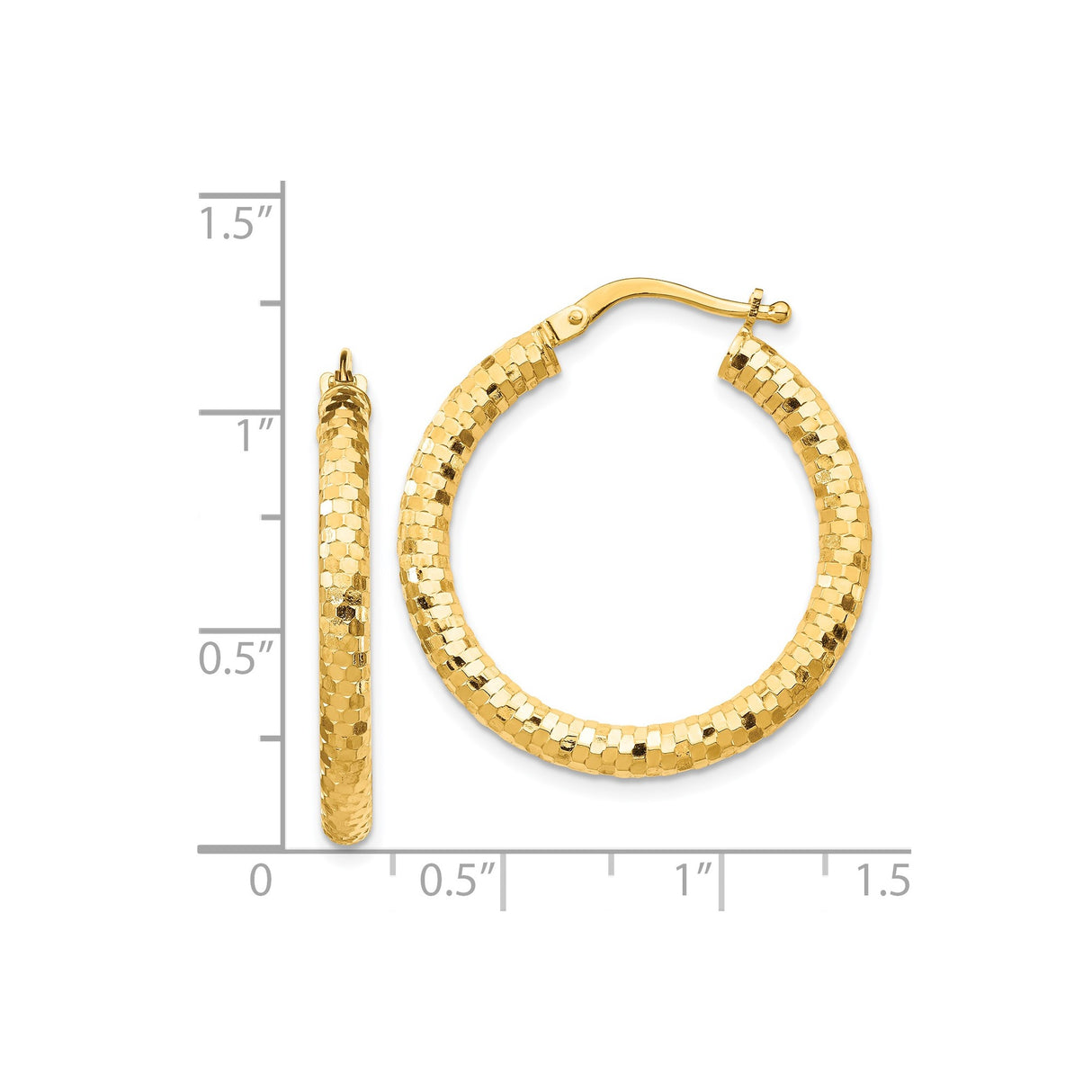 14k Yellow Gold Hoop Earrings, Textured Diamond-Cut Round Hoops with Polished Finish