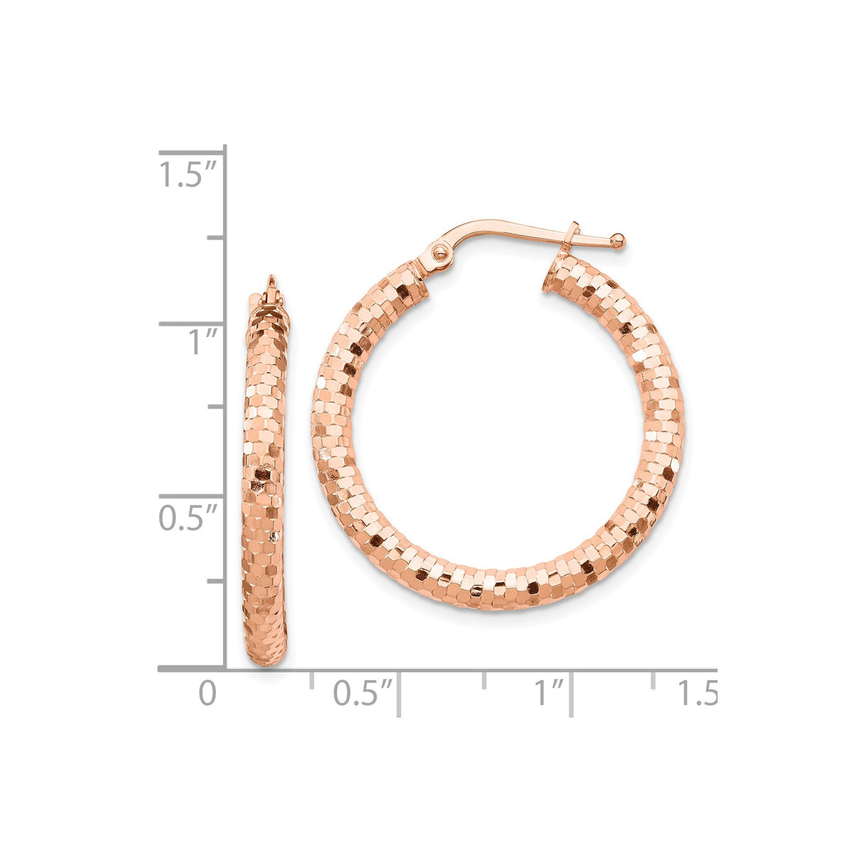 14k Rose Gold Hoop Earrings, Diamond-Cut Textured Sparkle Finish, Medium Large Fashion Style