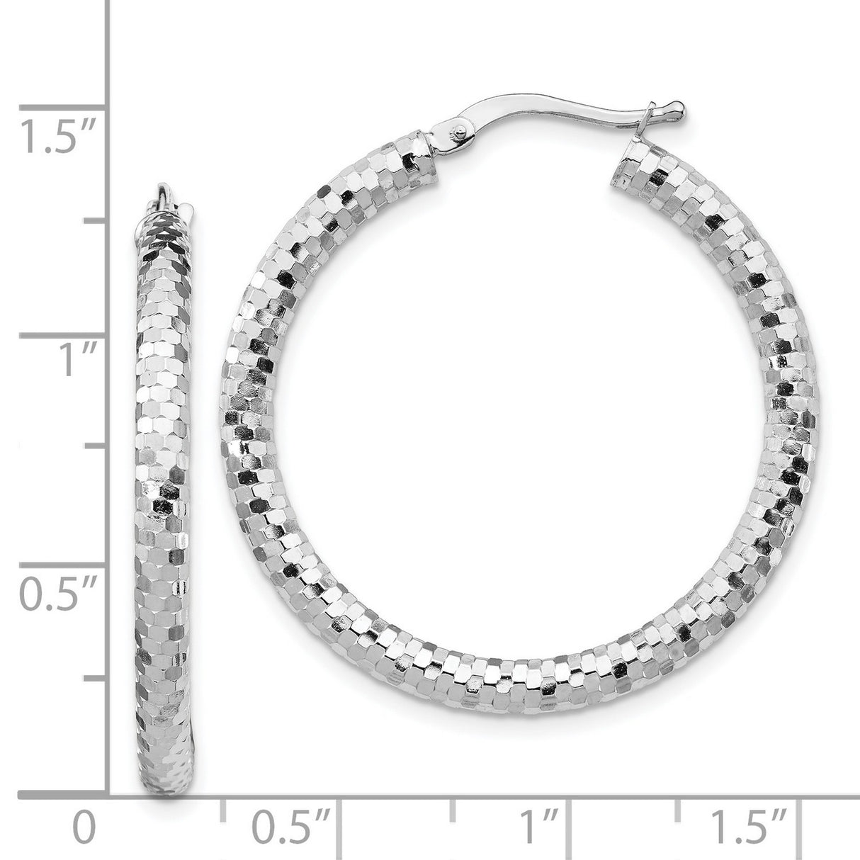 14k White Gold Hoop Earrings with Faceted Diamond Cut and Textured Glitter Finish