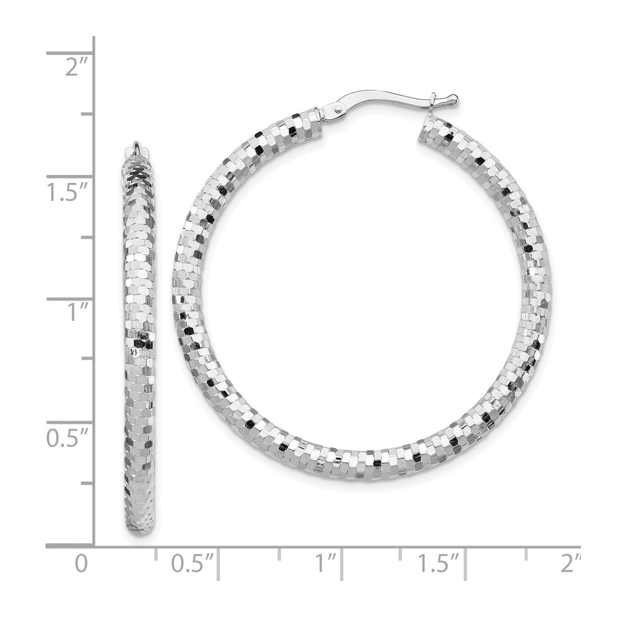 14k White Gold Hoop Earrings, Textured Diamond Cut Round Hoops with High Polish Finish