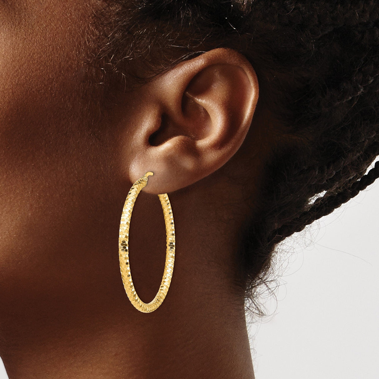 14k Yellow Gold Hoop Earrings, Diamond Cut Faceted Round Hoops with Latch Back