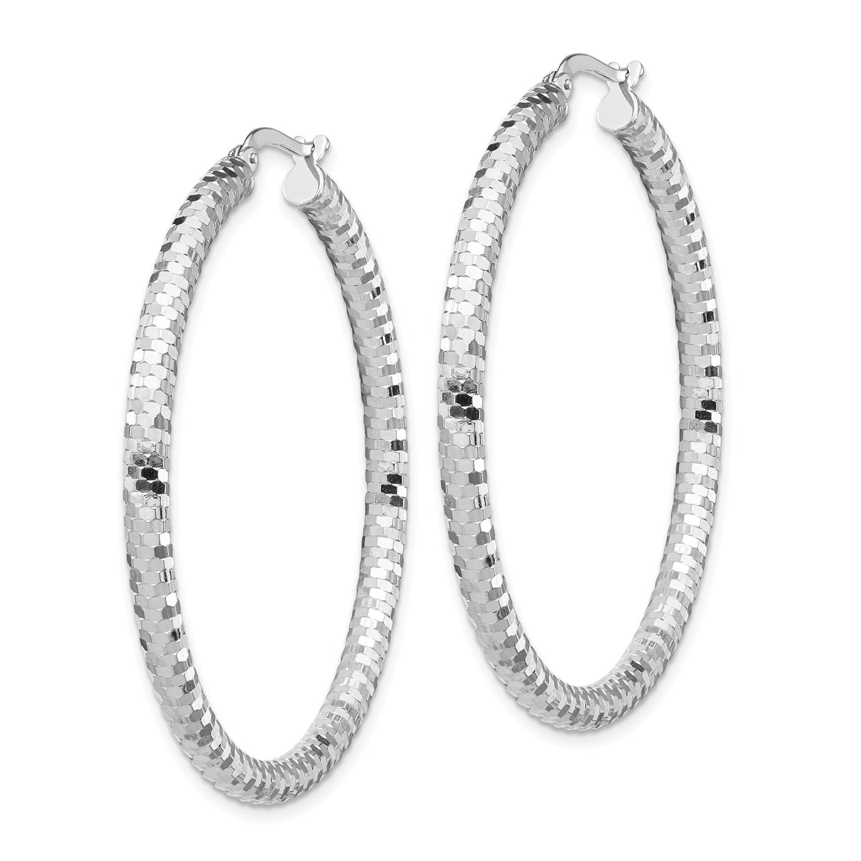 14k White Gold Hoop Earrings, Large Diamond Cut Textured Finish, Lightweight Bold Design