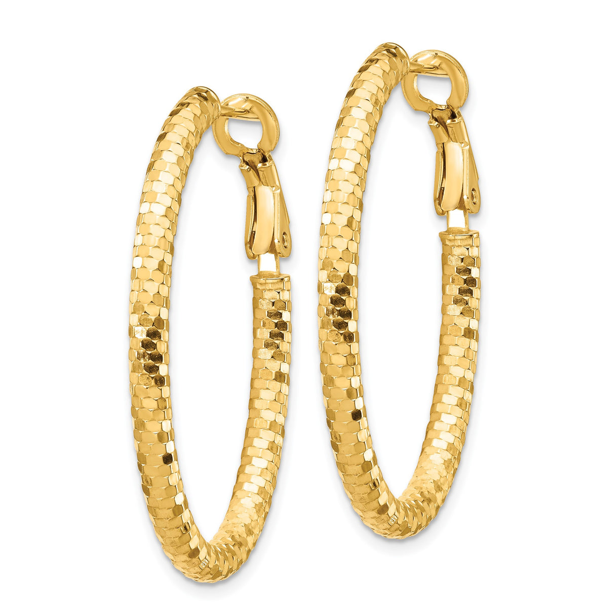 14k Yellow Gold Hoop Earrings, Textured Diamond-Cut Oval Design with Hinged Clasp