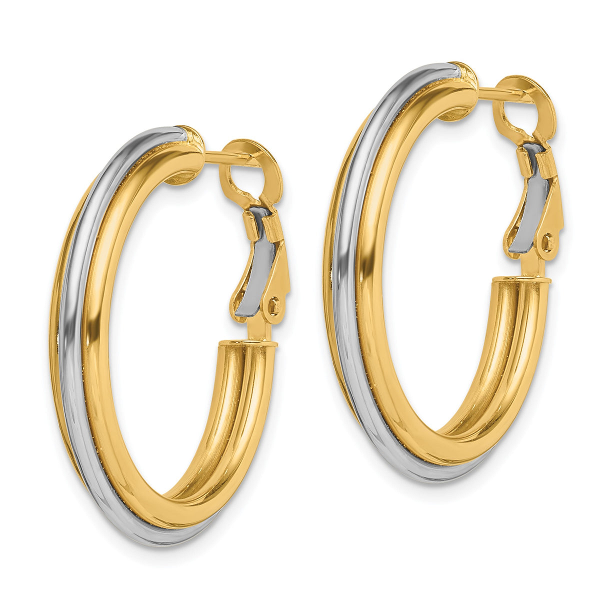14k Yellow Gold Hoop Earrings, Two Tone Round Design with Omega Back, Polished Finish, Medium Size