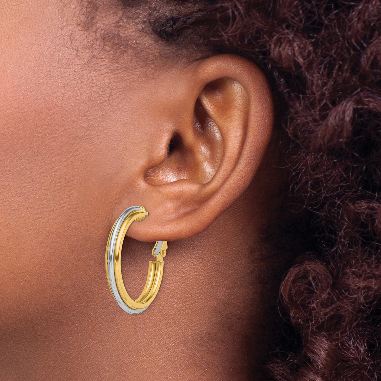 14k Yellow Gold Hoop Earrings, Two Tone Round Design with Omega Back, Polished Finish, Medium Size