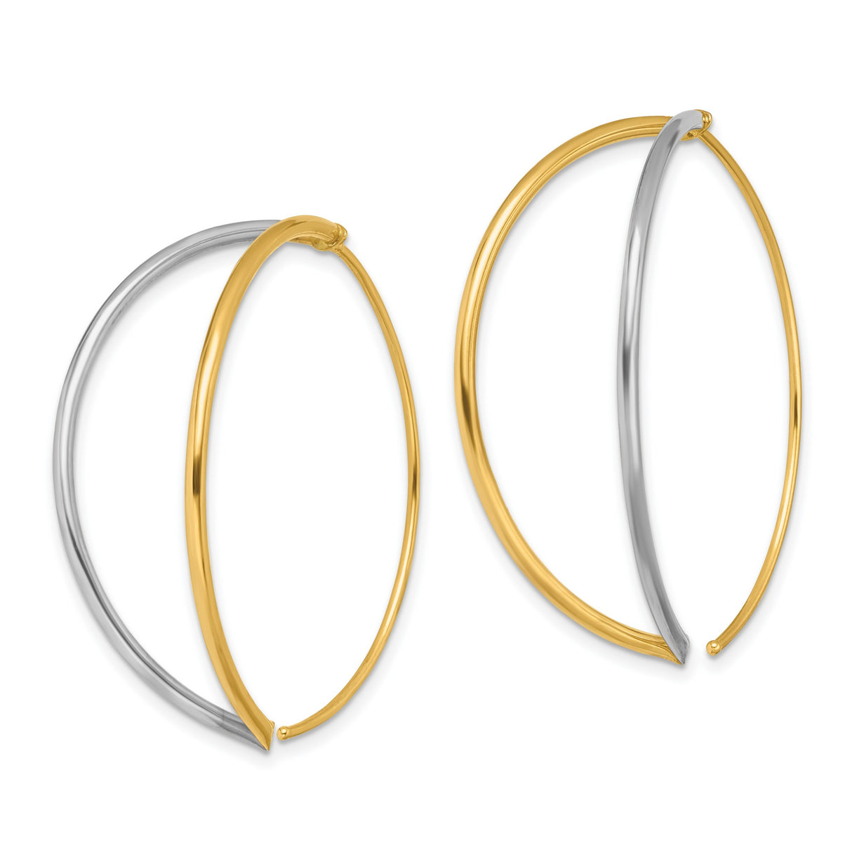 14k Yellow Gold Hoop Earrings, Two Tone Rhodium, Polished Minimalist Open Style for Women