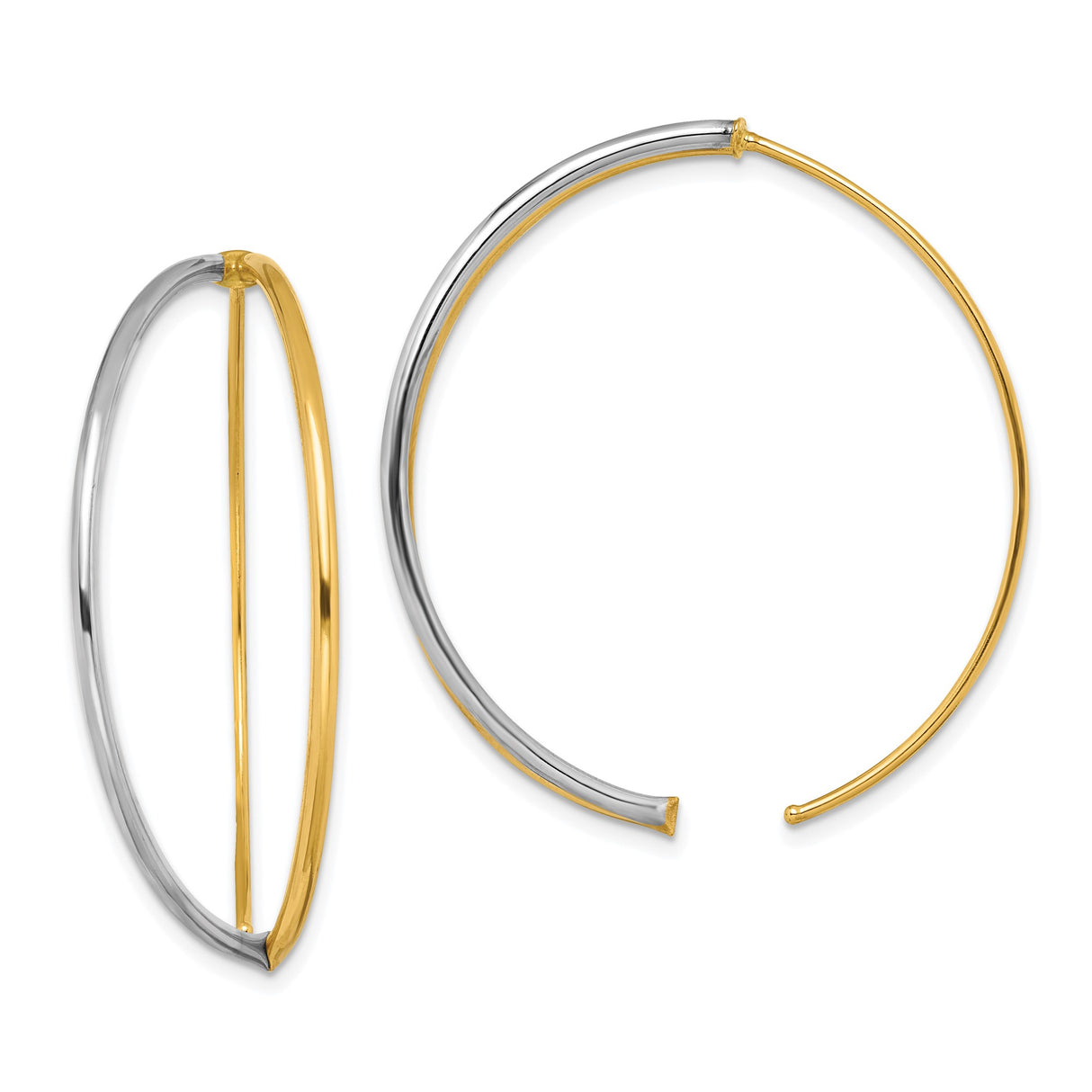 14k Yellow Gold Hoop Earrings, Two Tone Rhodium, Polished Minimalist Open Style for Women