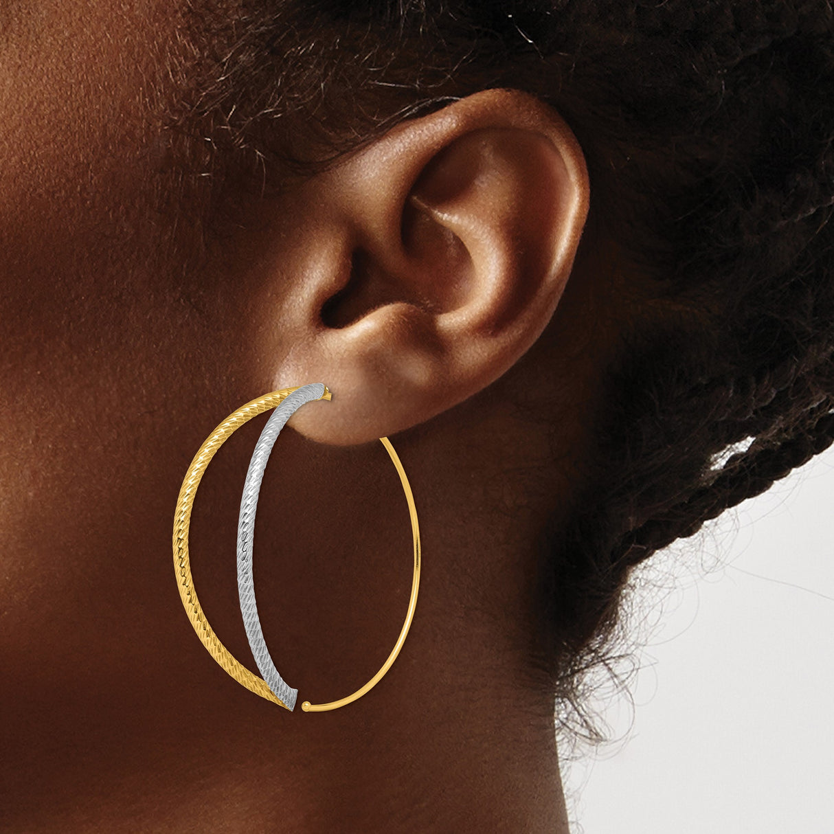 14k Yellow Gold Hoop Earrings, Two-Tone Rhodium Finish, Diamond Cut Textured Design