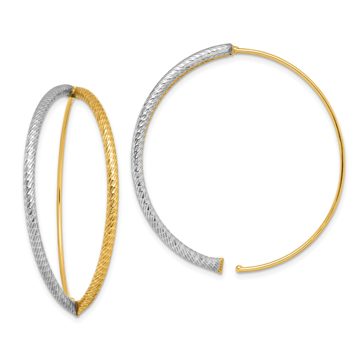 14k Yellow Gold Hoop Earrings, Two-Tone Rhodium Finish, Diamond Cut Textured Design