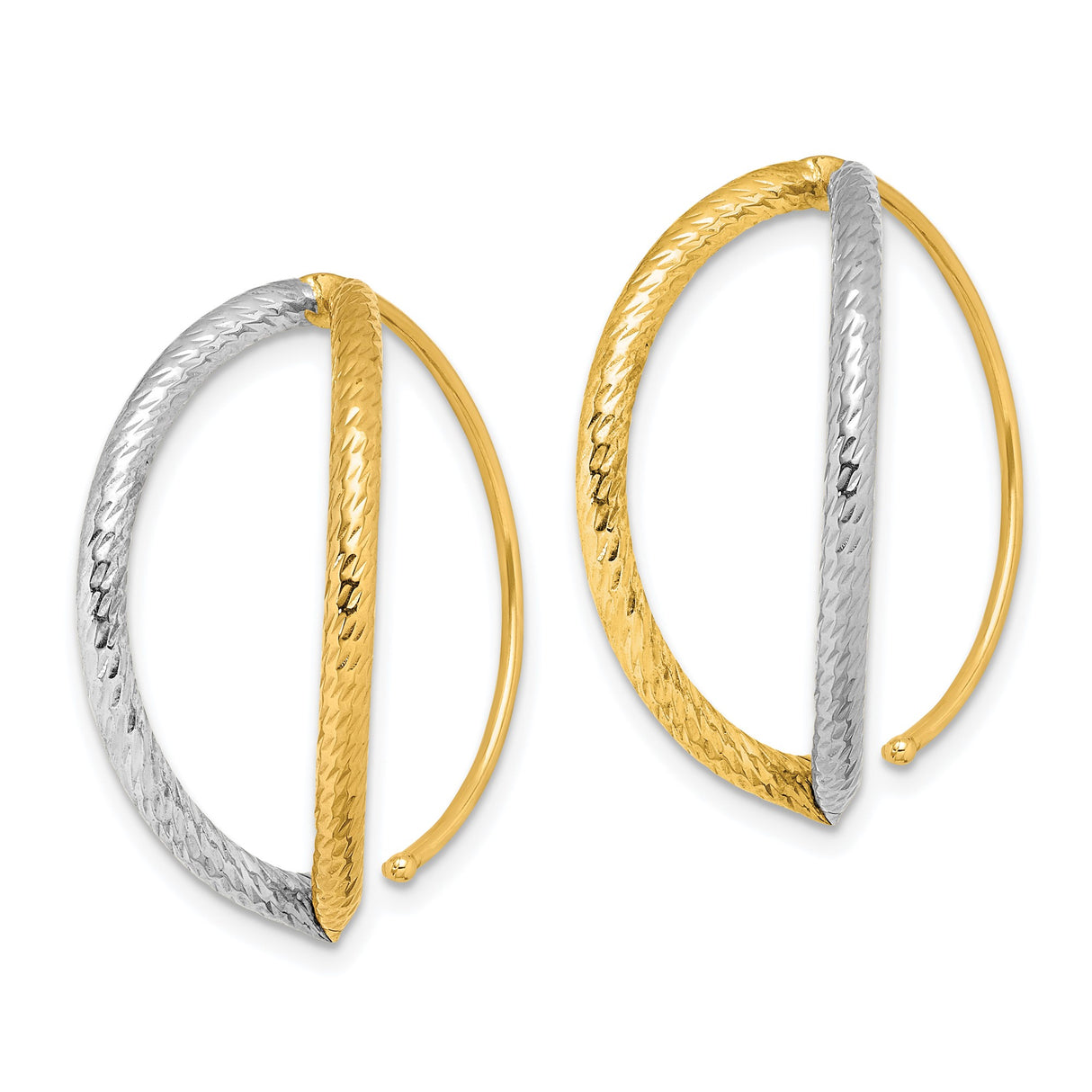 14k Yellow Gold Oval Hoop Earrings, Diamond-Cut Textured Two-Tone Polished Finish for Women