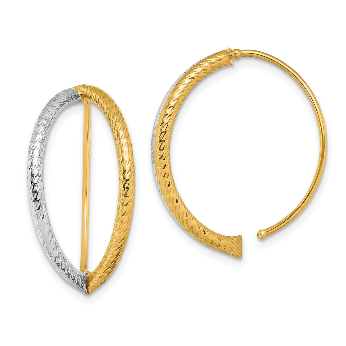 14k Yellow Gold Oval Hoop Earrings, Diamond-Cut Textured Two-Tone Polished Finish for Women
