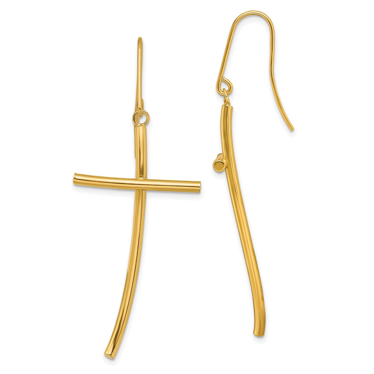 14k Yellow Gold Sideways Cross Dangle Earrings, Minimalist Religious Design for Women