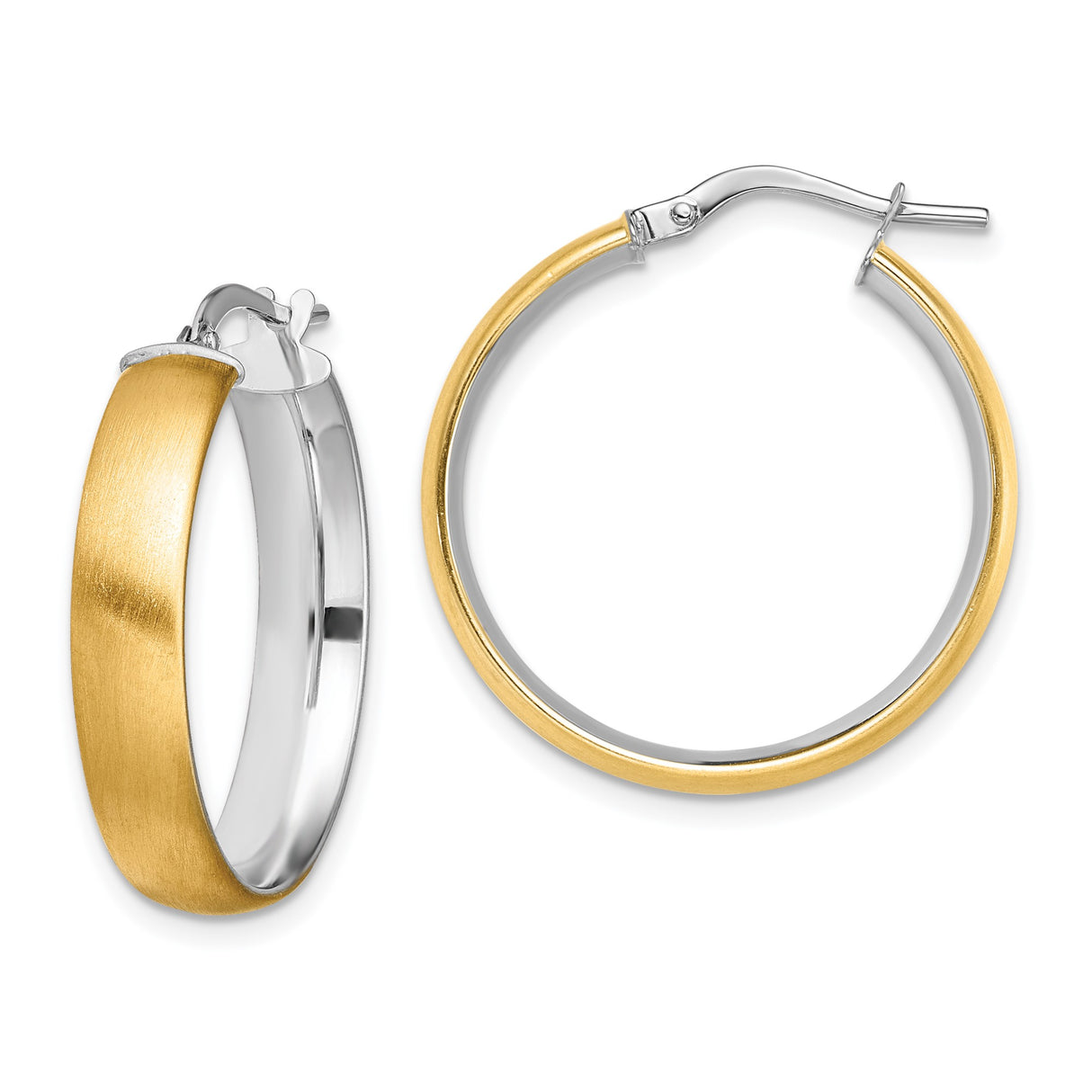 14k Yellow Gold Hoop Earrings, Two-Tone Brushed and Polished Finish, Medium Size for Women