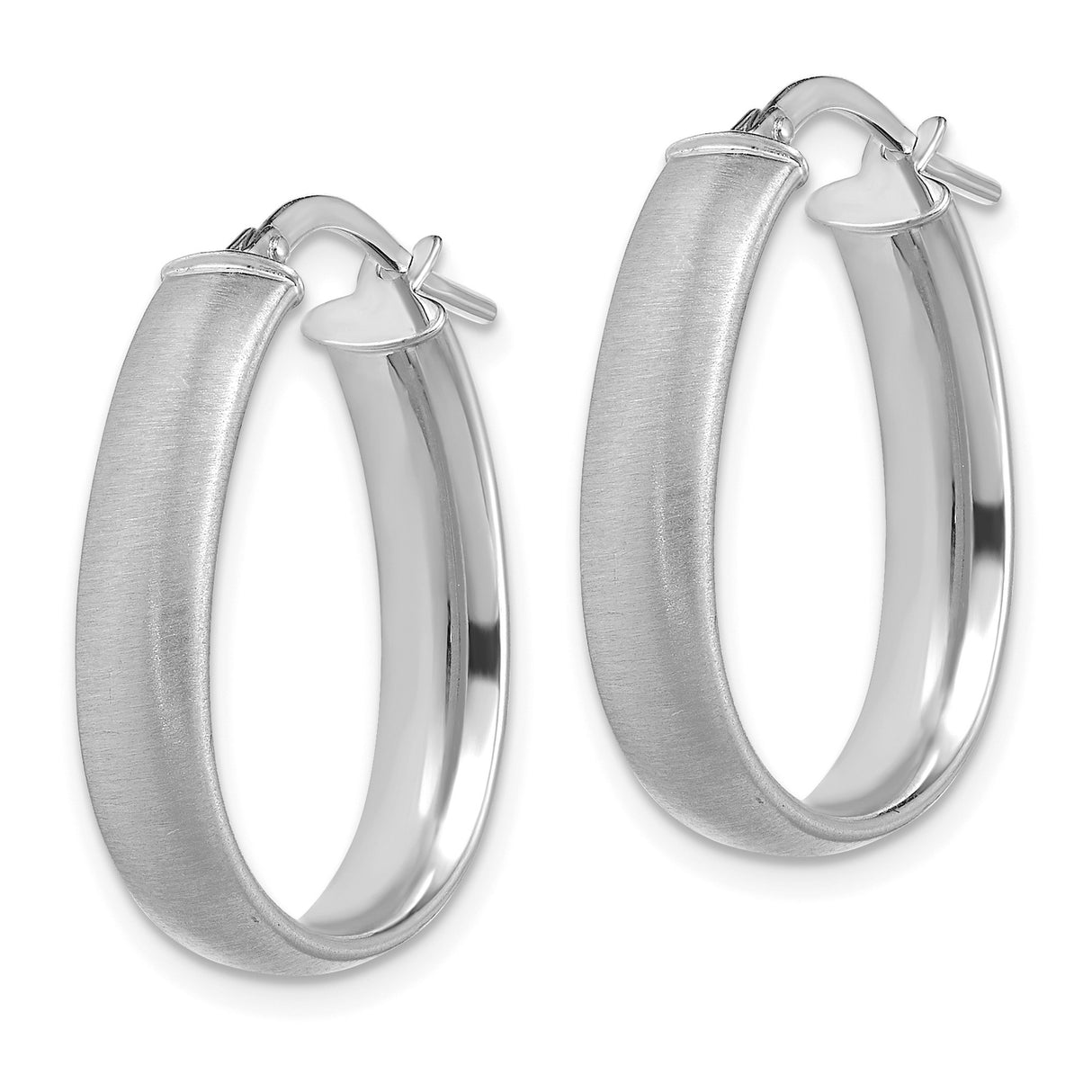 14k White Gold Oval Hoop Earrings with Satin Finish and Polished Surface, Latch Back Closure