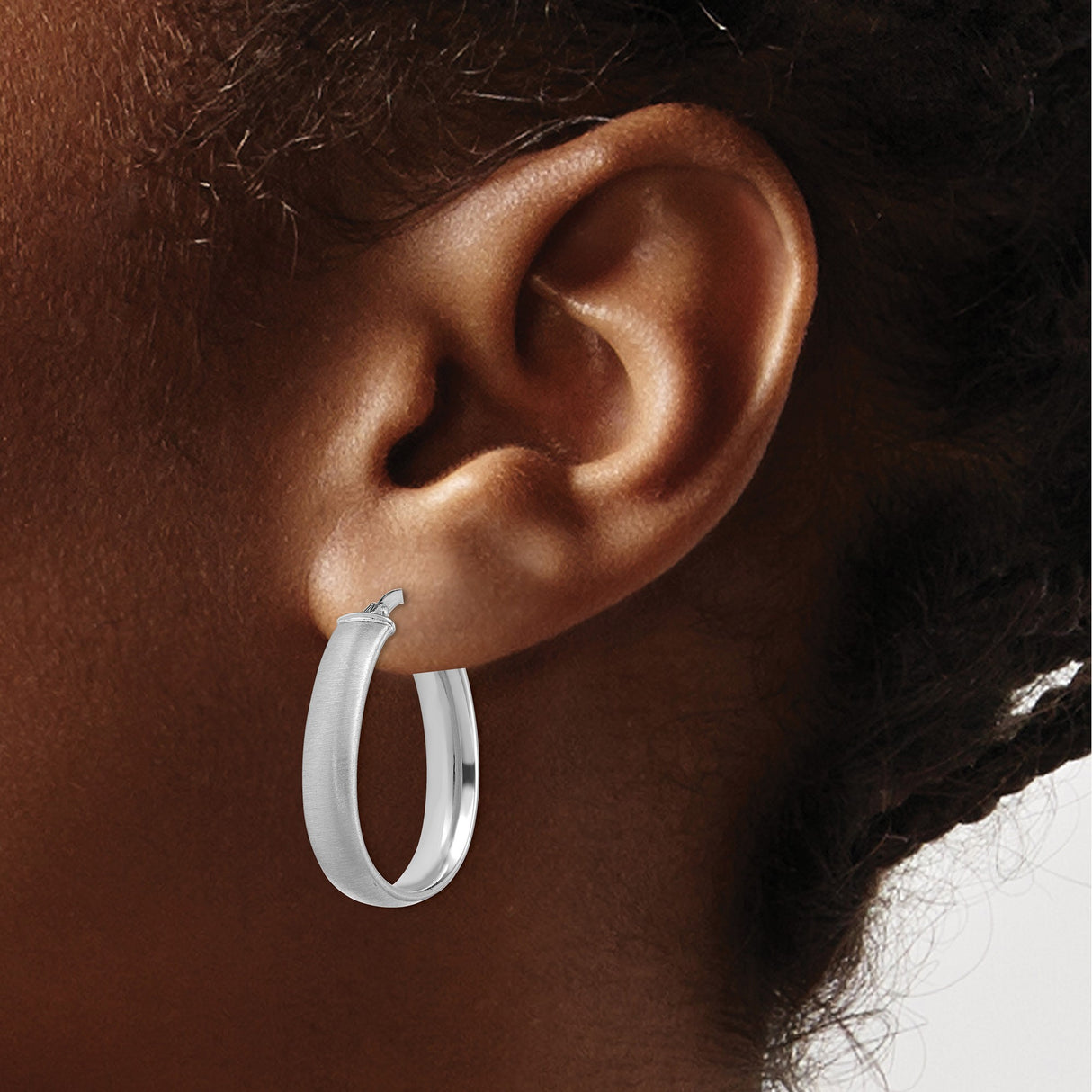 14k White Gold Oval Hoop Earrings with Satin Finish and Polished Surface, Latch Back Closure