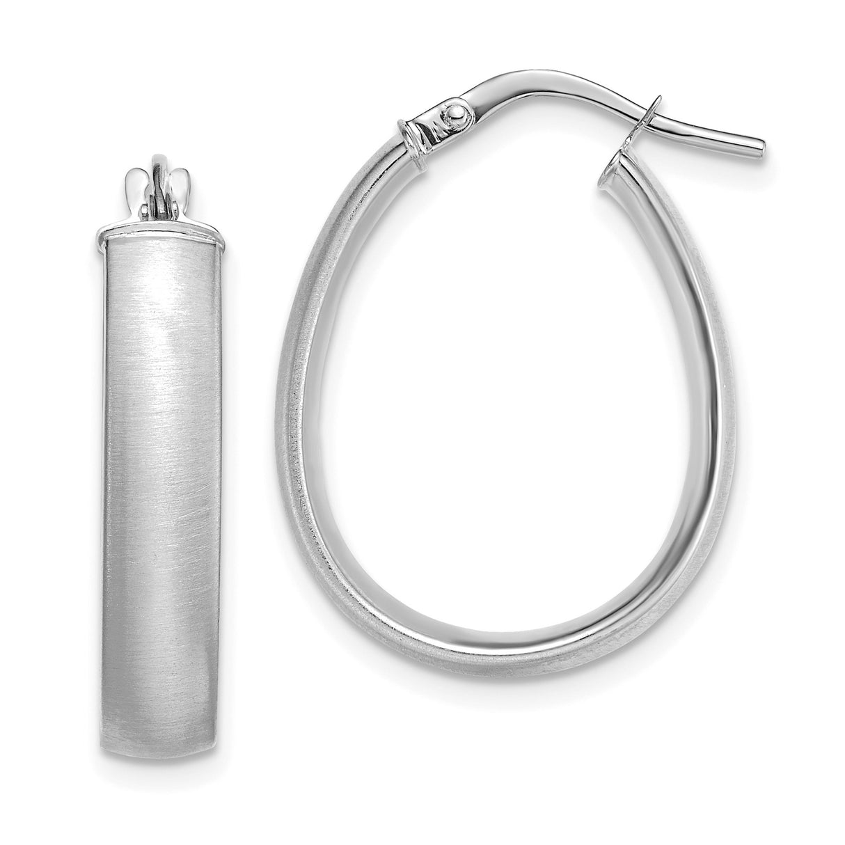 14k White Gold Oval Hoop Earrings with Satin Finish and Polished Surface, Latch Back Closure