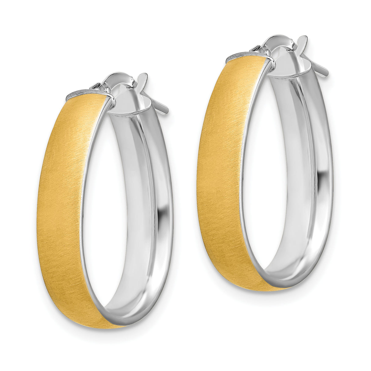 14k Yellow Gold Two-Tone Oval Hoop Earrings, Brushed and Polished Finish, Modern Minimalist Style