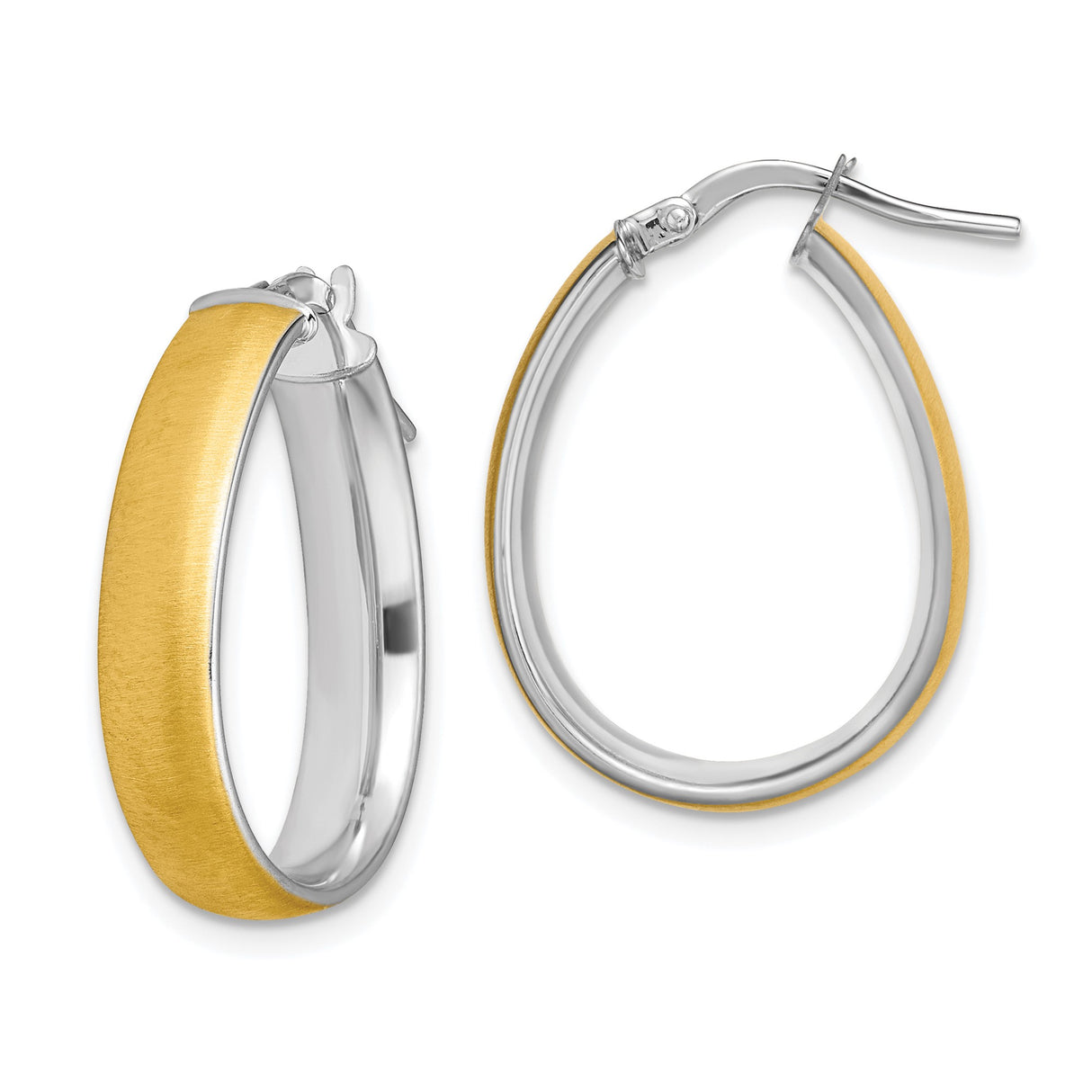 14k Yellow Gold Two-Tone Oval Hoop Earrings, Brushed and Polished Finish, Modern Minimalist Style
